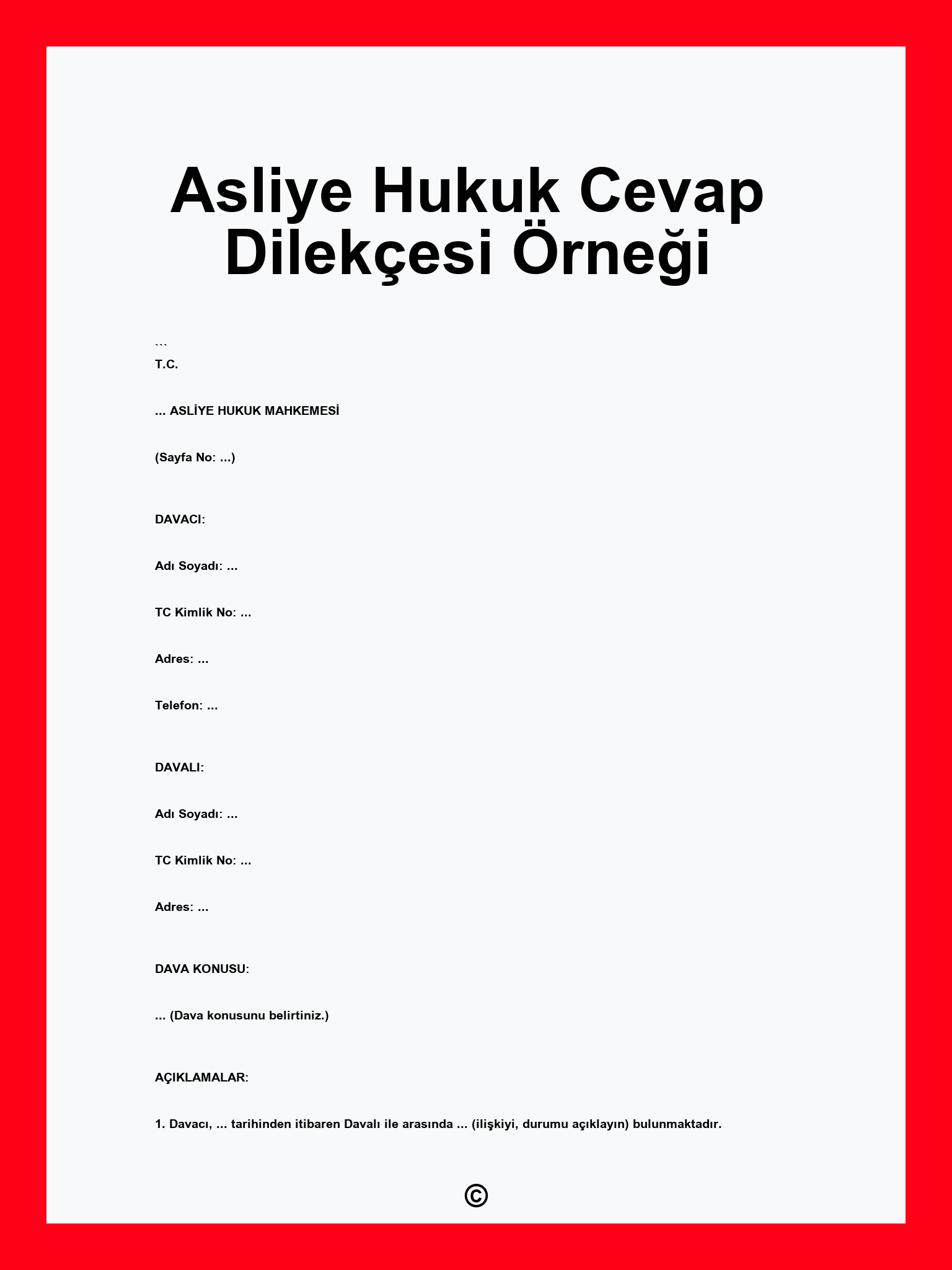 Asliye Hukuk Cevap Dilekçesi Örneği