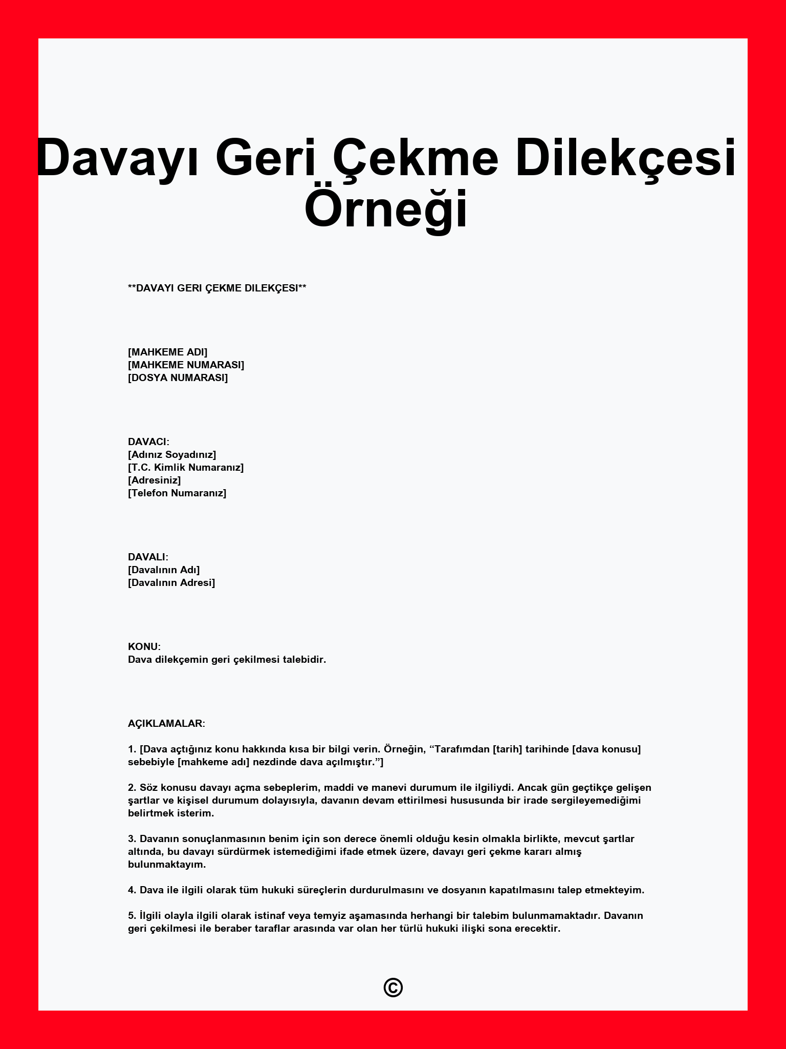 Davayı Geri Çekme Dilekçesi Örneği