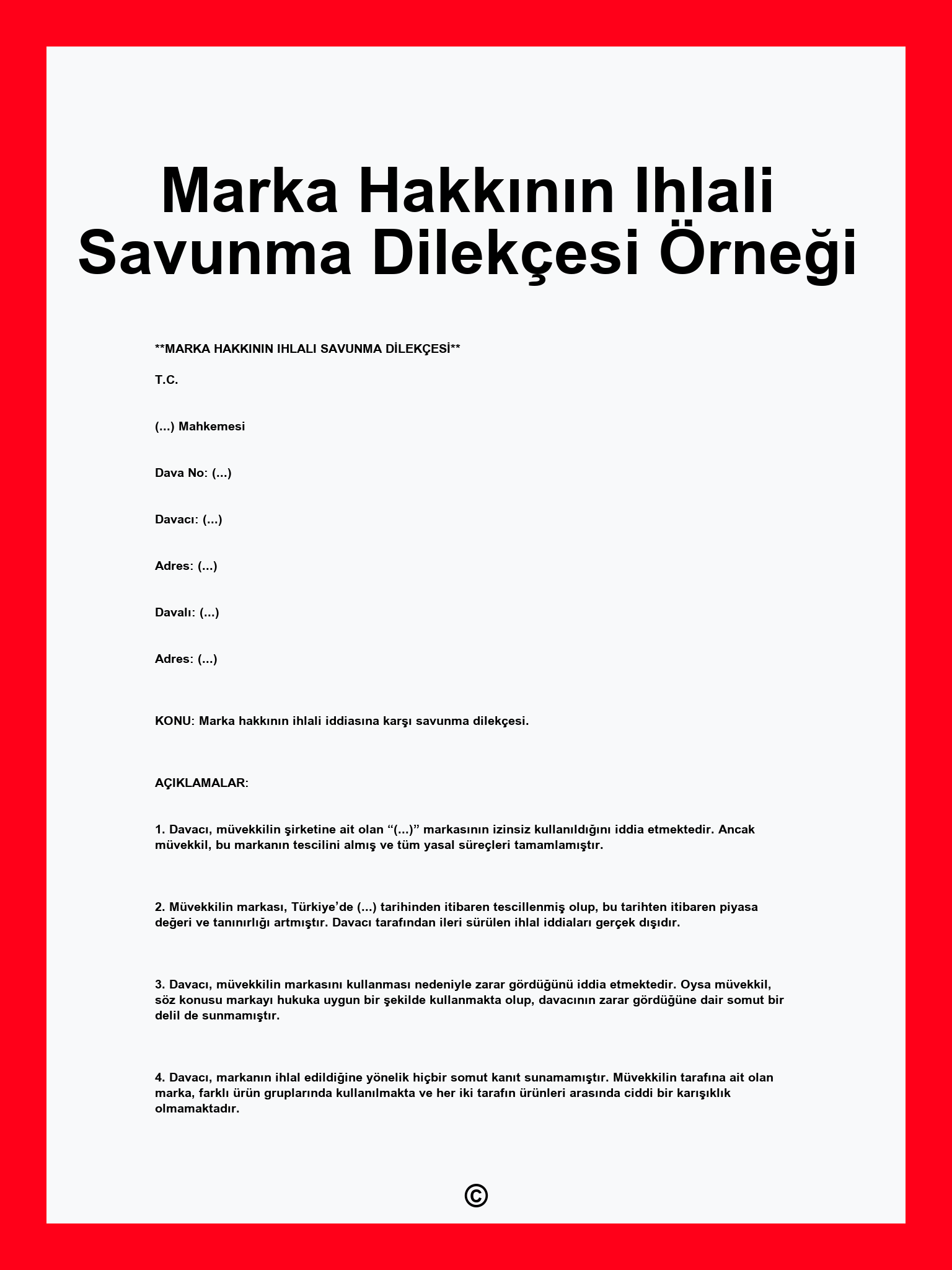Marka Hakkının Ihlali Savunma Dilekçesi Örneği