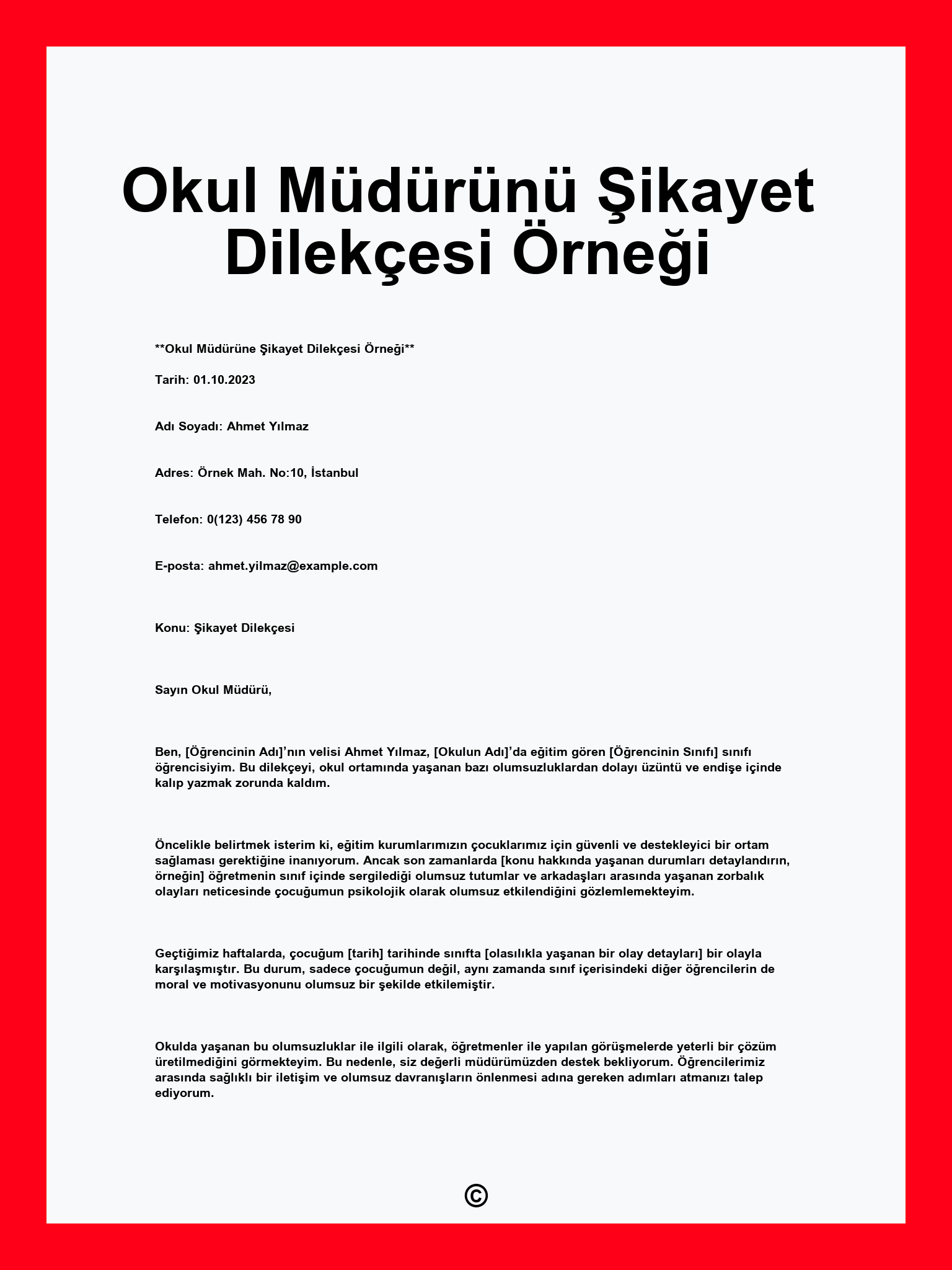 Okul Müdürünü Şikayet Dilekçesi Örneği