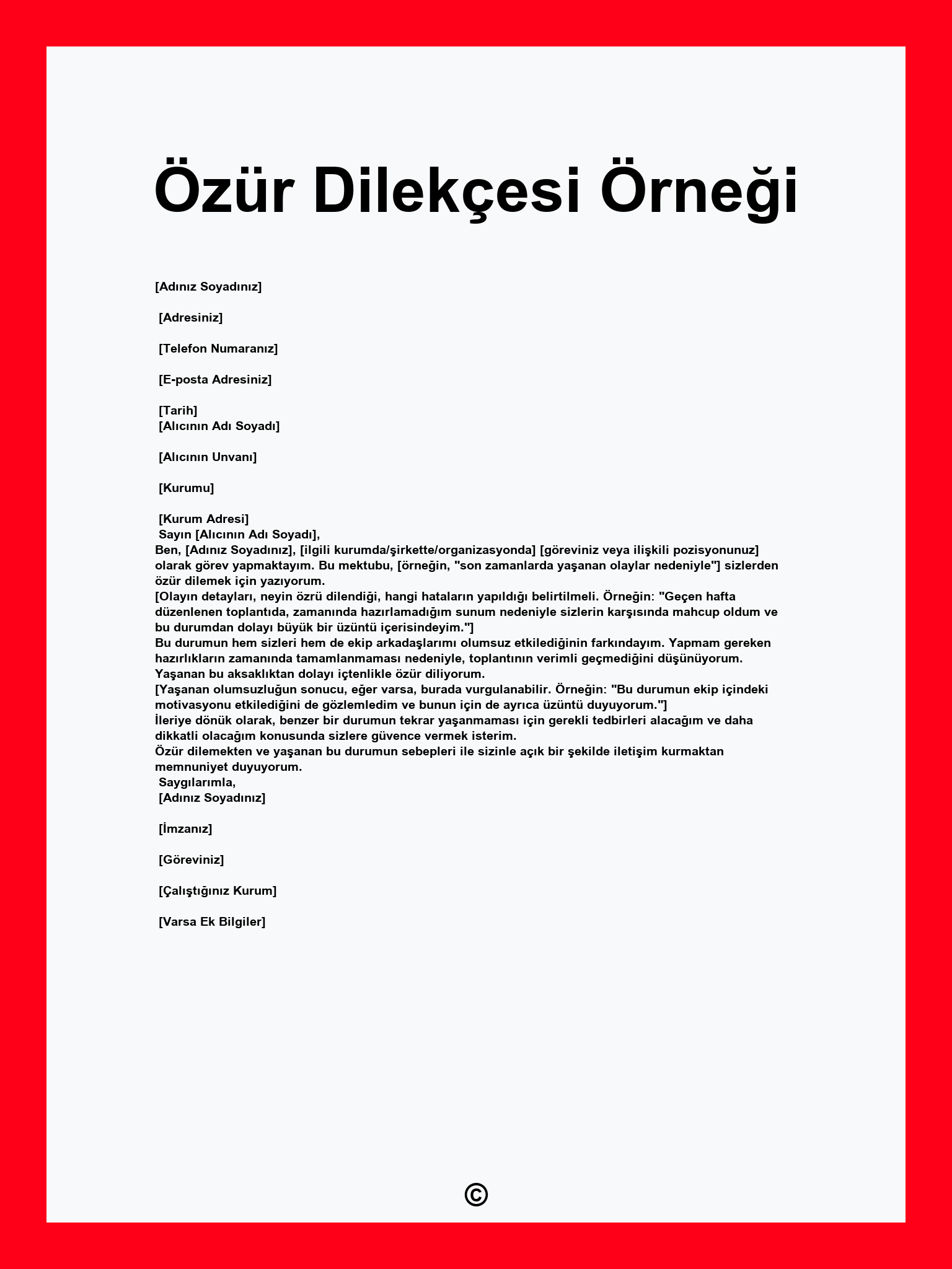 Özür Dilekçesi Örneği