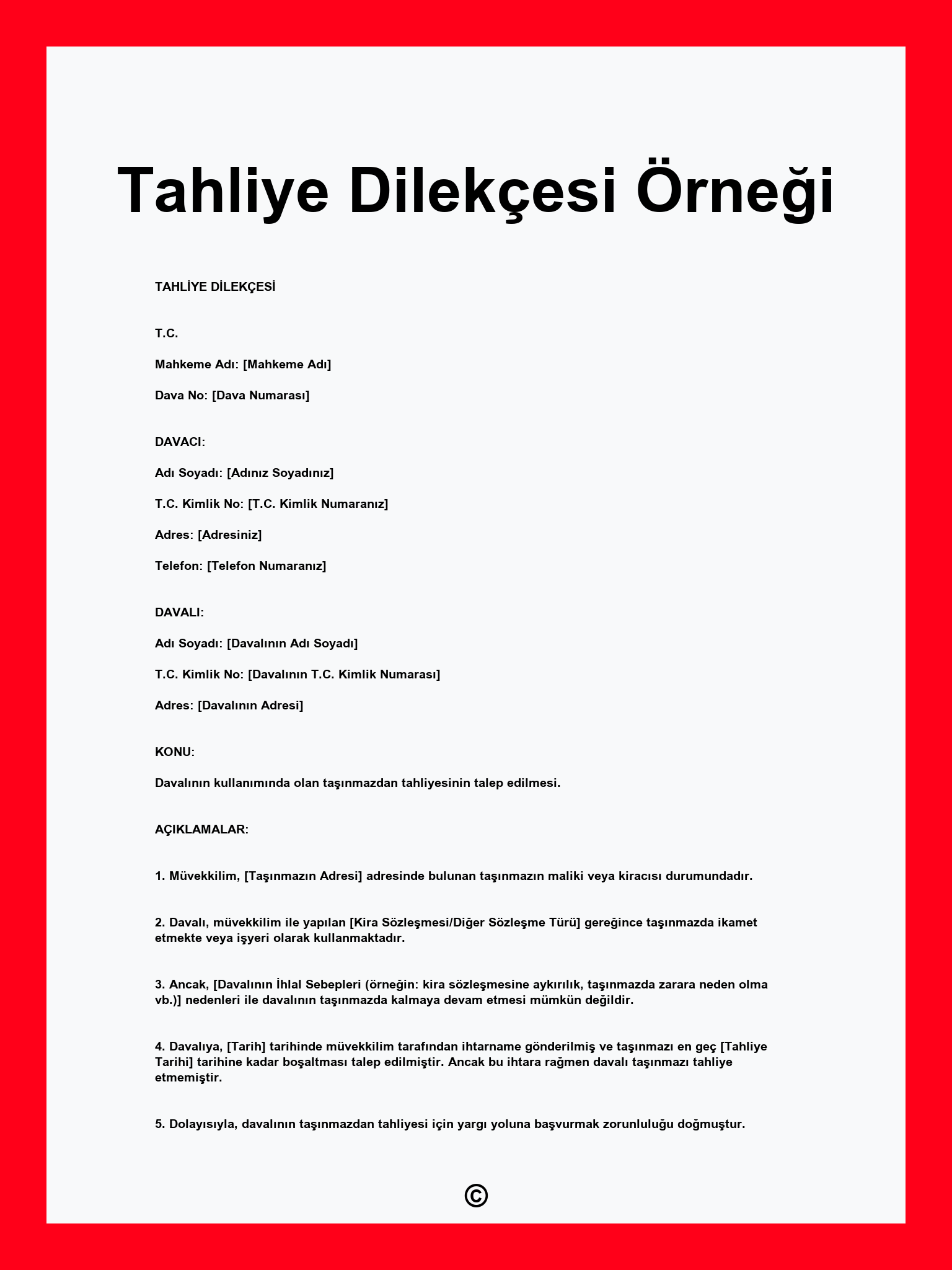 Tahliye Dilekçesi Örneği