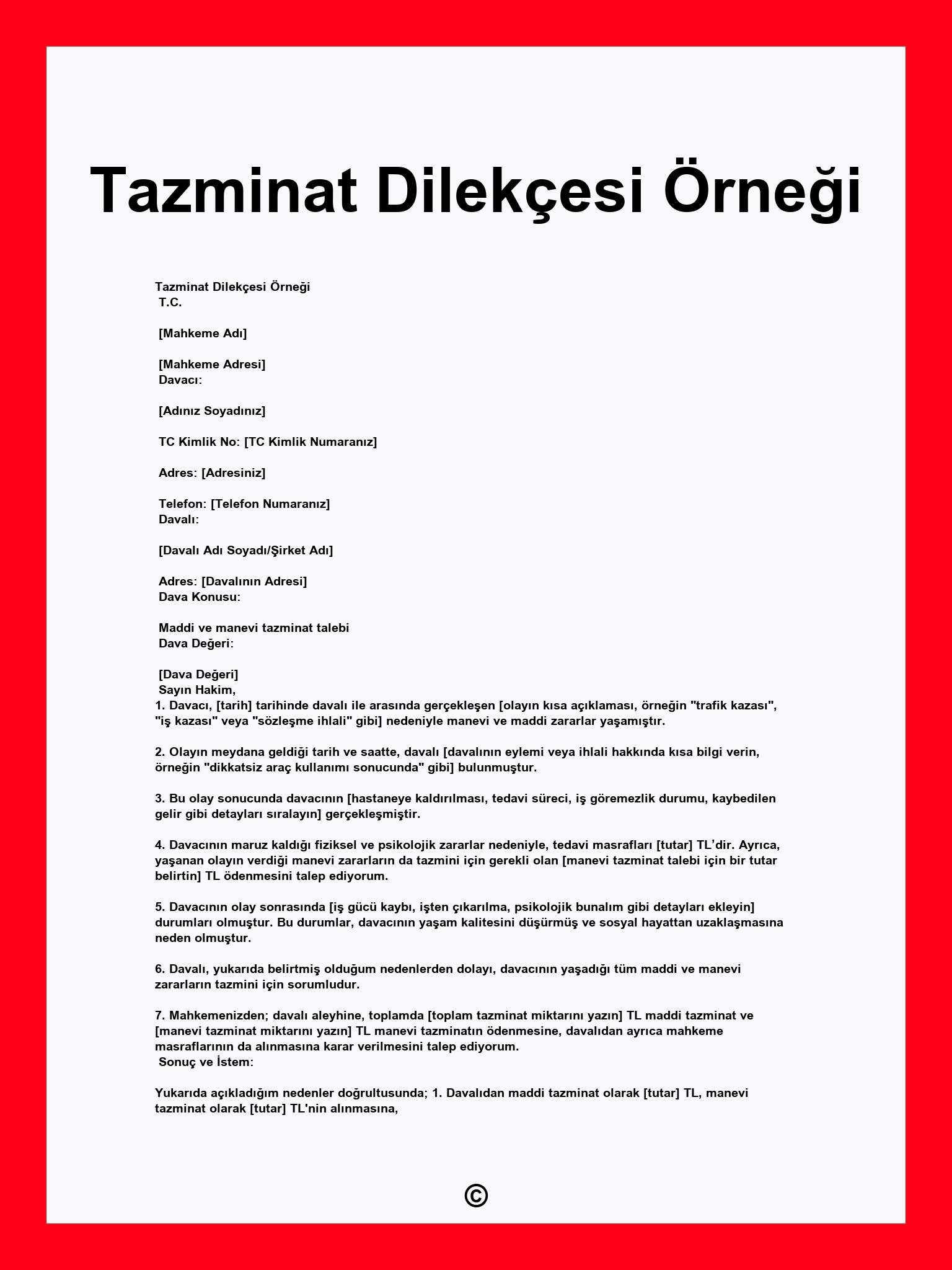 Tazminat Dilekçesi Örneği