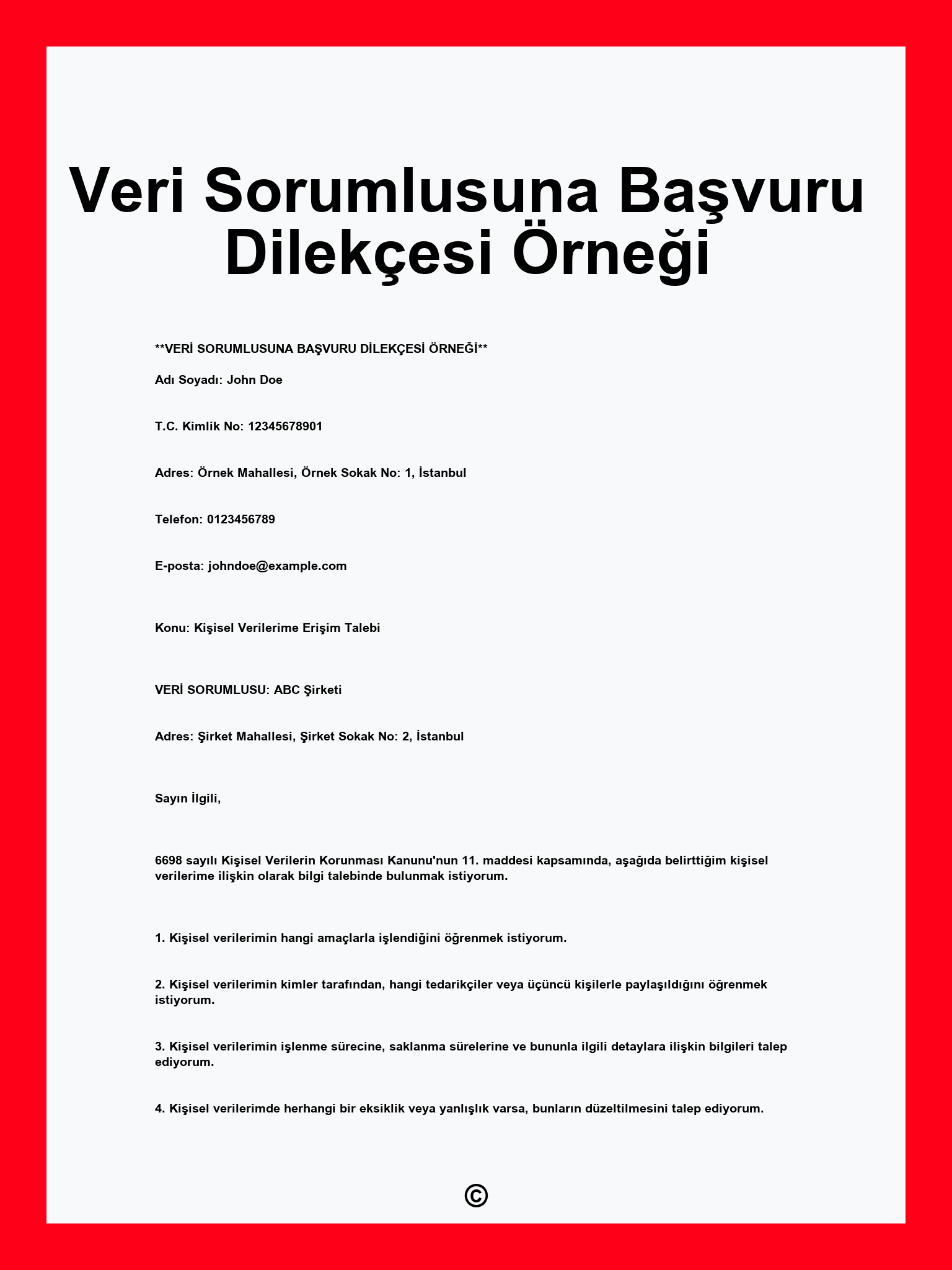 Veri Sorumlusuna Başvuru Dilekçesi Örneği