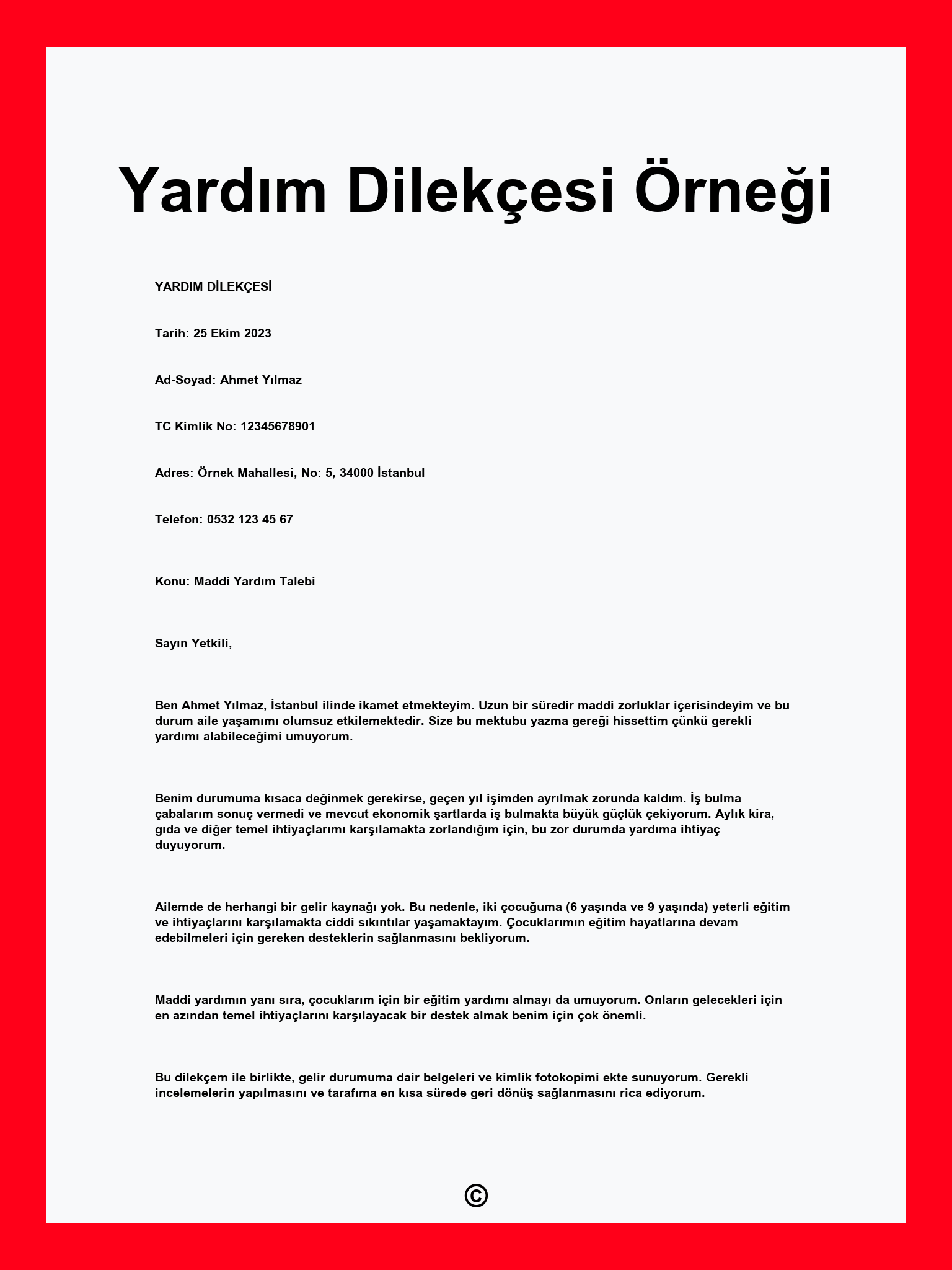 Yardım Dilekçesi Örneği